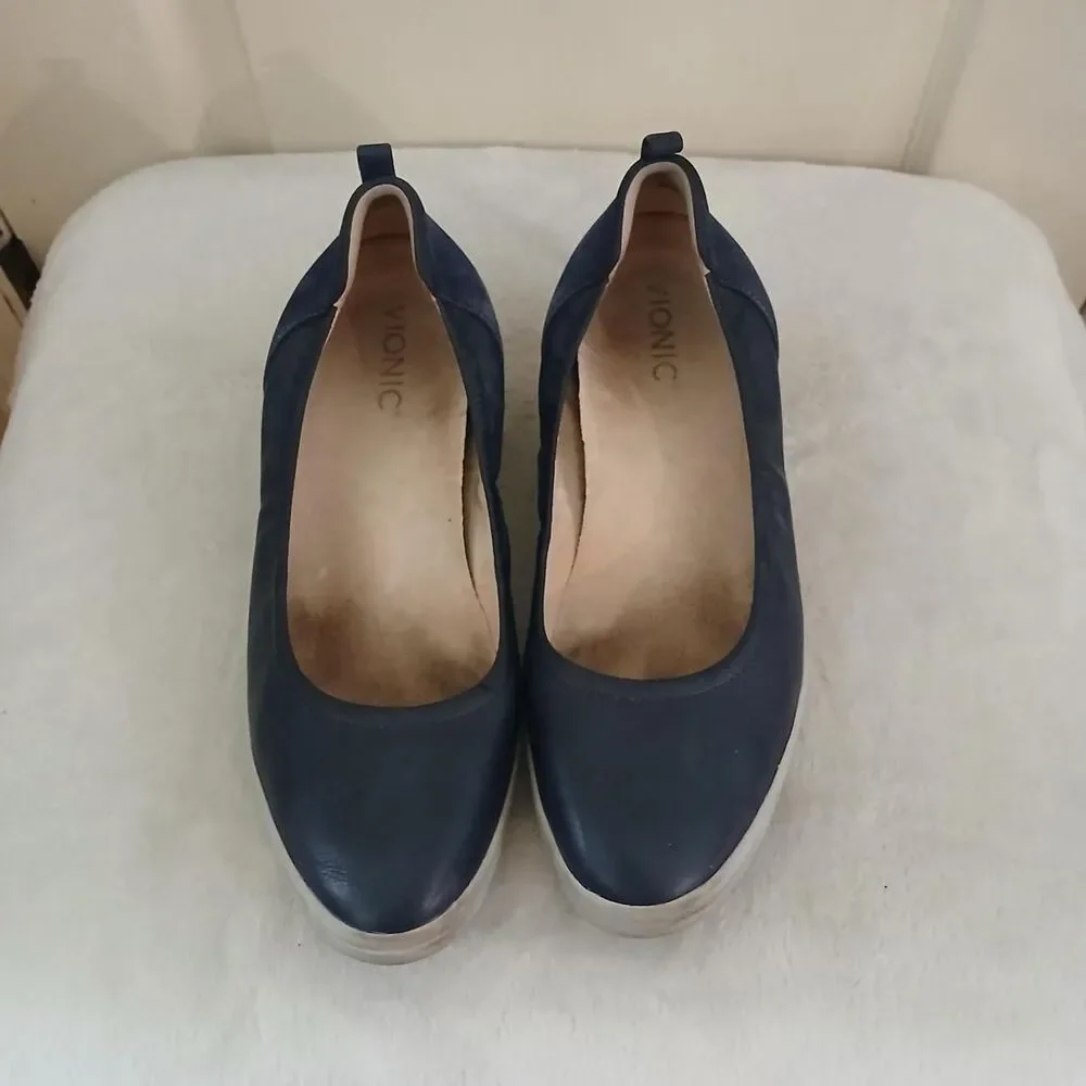 Vionic Jacey Navy Blue Leather Comfort Slip On Wedge Ballet Shoes 9 Basic